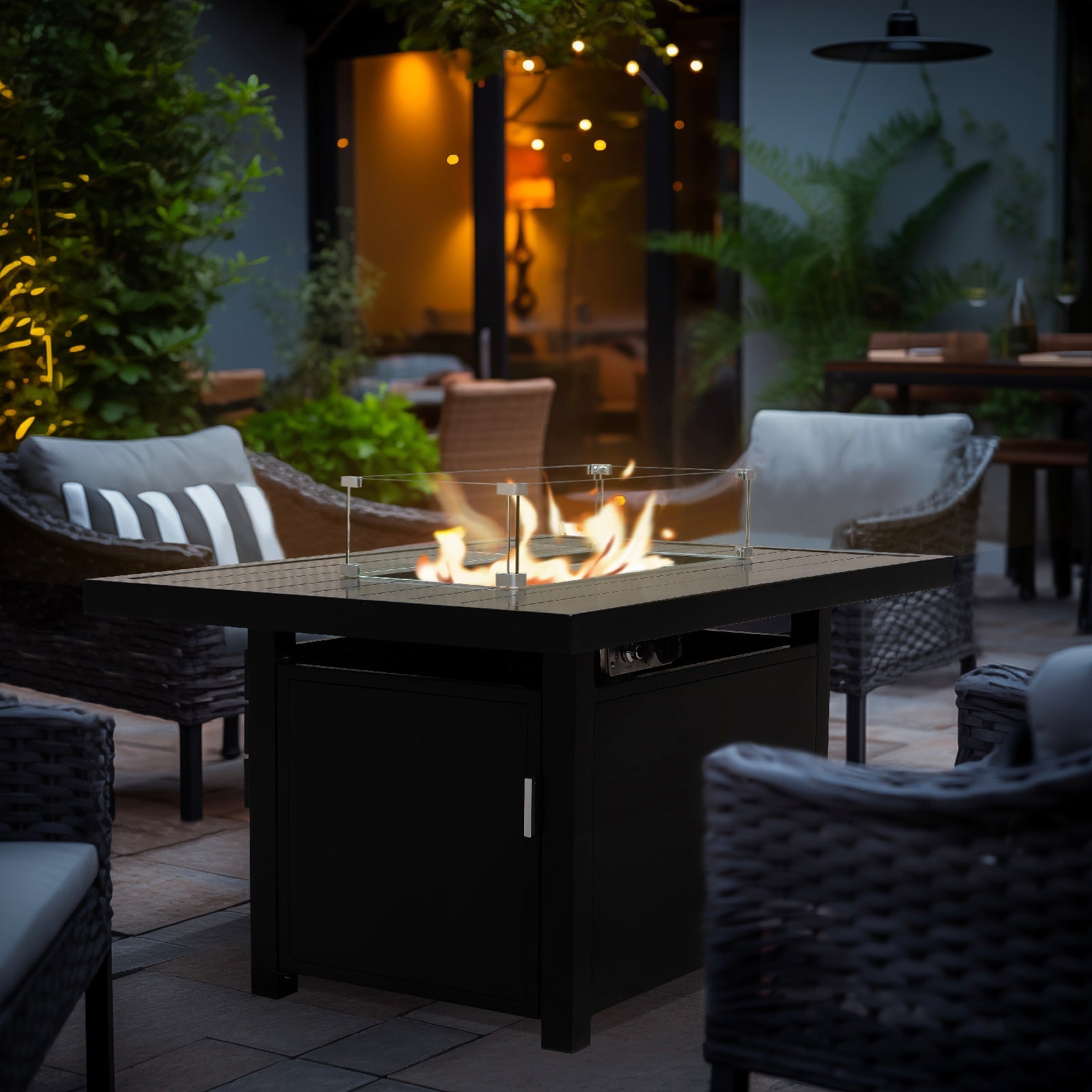 Outdoor Black Aluminum Rectangle Fire Pit Table with Wind Guard and Cover