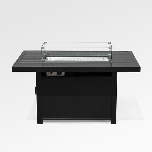 Outdoor Black Aluminum Rectangle Fire Pit Table with Wind Guard and Cover